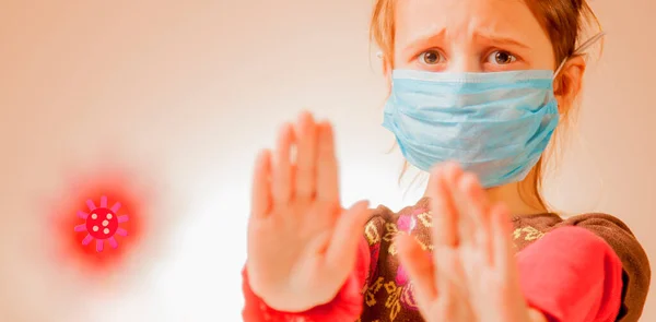 Stop Virus Epidemische Ziekten Bang Klein Meisje Met Een Blauw — Stockfoto