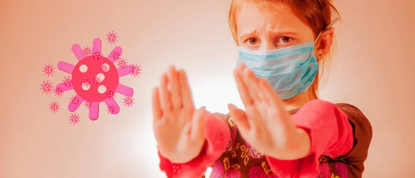 Stop Het Virus Schattig Klein Kind Meisje Met Blauw Medisch — Stockfoto