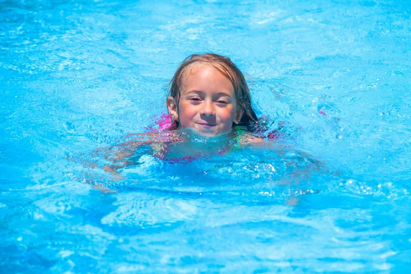 Pretty Young Girl Swimming Goggles Outdoors Swimming Pool Summer Holiday Stock Picture