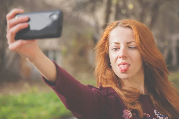 Selfie Mania Funny Facial Expression Charming Beautiful Exciting Woman Taking — Stock Photo, Image