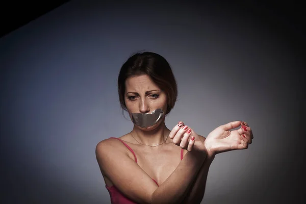 Pain Fear Censorship Concept Psychological Portrait Scared Woman Mouth Covered — Stock Photo, Image