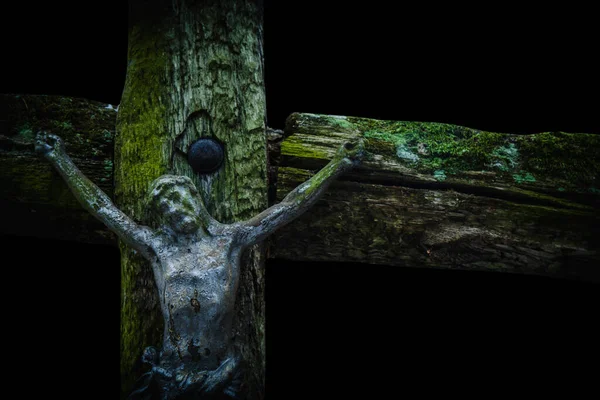 Ukřižování Ježíše Krista Jako Symbolu Boží Lásky Velmi Stará Dřevěná — Stock fotografie