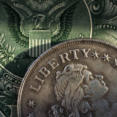 Üzerinde yazı olan eski Amerikan sikkeleri: Bir dolarlık banknotun üzerindeki ABD armasına karşı özgürlük: Amerika - fırsatlar ve özgürlükler ülkesi. 