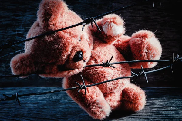 Концептуальне Зображення Старого Іграшкового Плюшевого Ведмедя Колючим Дротом Символ Втраченого — стокове фото