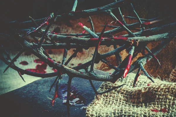 Feche Coroa Espinhos Como Símbolo Morte Ressurreição Jesus Cristo Pelos — Fotografia de Stock