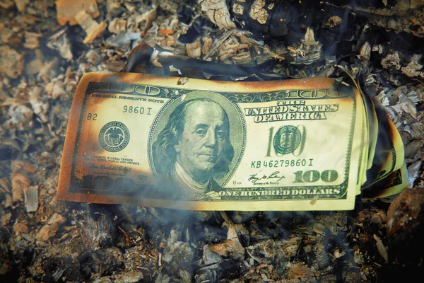 Burning US Dollar bill as a symbol of inflation, global financiall crisis and uncertain future of international trade and investment.