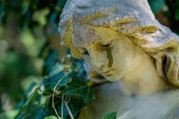 Död Och Smärta Närbild Gamla Staty Gråtande Ängel Med Tårar — Stockfoto