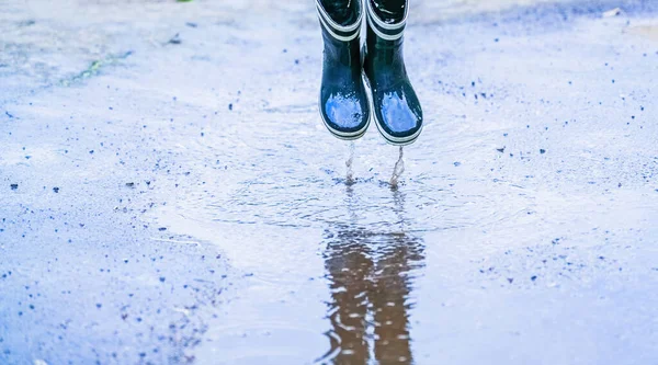 Autumn Rainy Weather Child Wearing Rain Boots Jumping Splashing Puddles — Stock Photo, Image