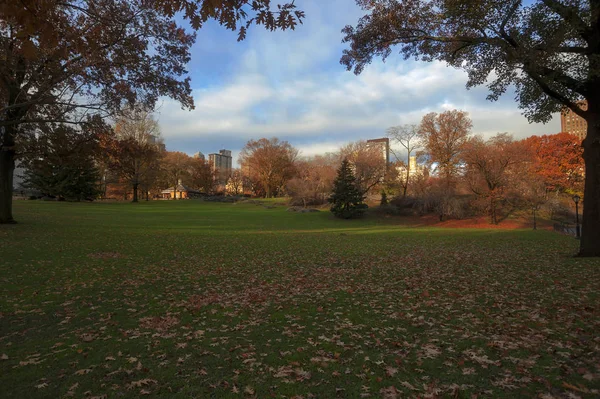 早朝日の出と紅葉美しい秋の朝にニューヨーク市の中央公園で — ストック写真