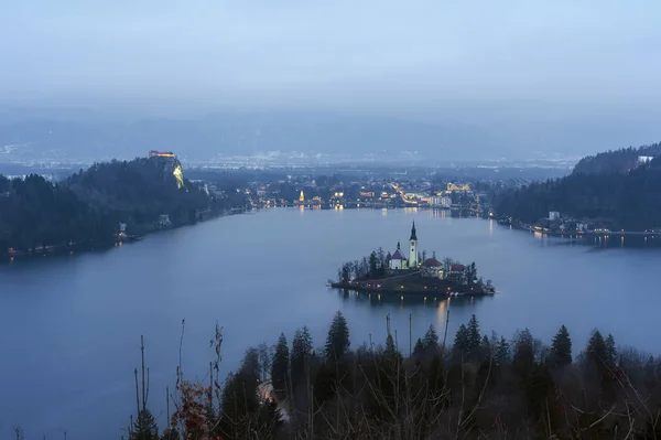 Coucher Soleil Hiver Célèbre Parc National Lac Bled Slovénie Depuis — Photo