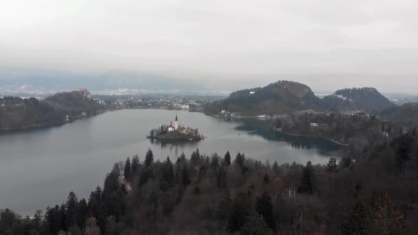 Повітряний Постріл Зимового Сонця Знаменитій Озеро Блед Національний Парк Словенія — стокове відео