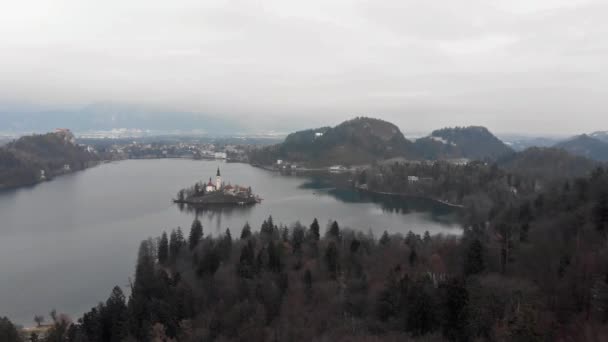 Vue Aérienne Lever Soleil Hiver Célèbre Parc National Lac Bled — Video