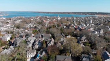 Nantucket Down Town Havadan 4k Görüntüleri, ünlü turistik ve Nantucket Adası, Cape Cod Landmark
