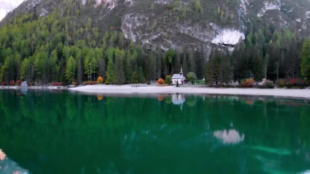 Drone Aerial Flying Scenic Lago Braies Dolomites Italy Alps — Stock Video