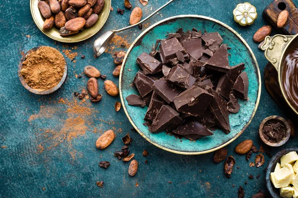 Cioccolato Pezzi Cioccolato Fondente Amaro Burro Cacao Cacao Polvere Fagioli — Foto Stock