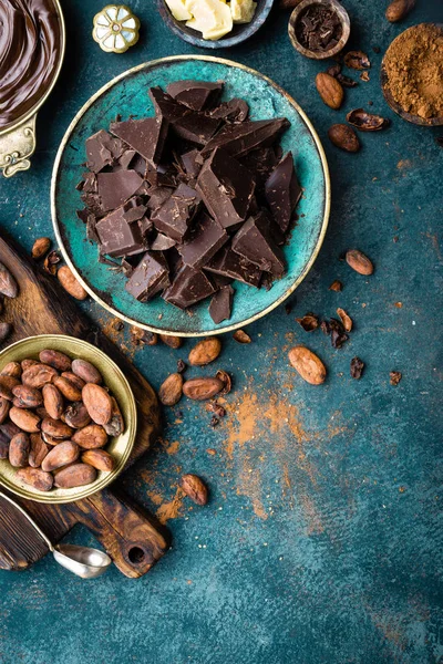 Cioccolato Pezzi Cioccolato Fondente Amaro Burro Cacao Cacao Polvere Fagioli — Foto Stock