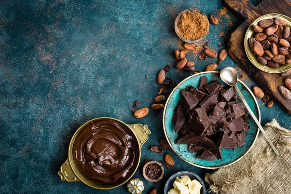 Cioccolato Pezzi Cioccolato Fondente Amaro Burro Cacao Cacao Polvere Fagioli — Foto Stock