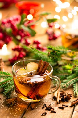 Tarçın, karanfil ve anason ile sıcak elma şarabı. Geleneksel Noel içki