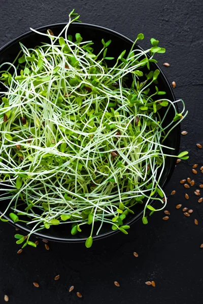 Healthy vegetarian bowl dish with fresh flaxseed sprouts. Plate with raw linseed sprouts salad. Healthy balanced eating. Superfood