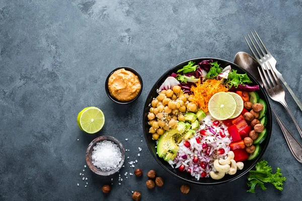 Cuenco Buda Vegetariano Saludable Con Ensalada Verduras Frescas Arroz Garbanzo — Foto de Stock