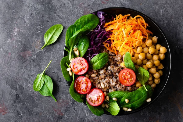 Healthy Vegetarian Dish Buckwheat Vegetable Salad Chickpea Kale Carrot Fresh — Stock Photo, Image