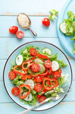 Sağlıklı vejetaryen sebze salatası, taze marul, salatalık, tatlı biber ve domates. Vegan gıda bitkisel kökenli. Düz yatıyordu. Üstten görünüm