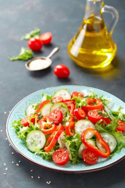 Sağlıklı vejetaryen sebze salatası, taze marul, salatalık, tatlı biber ve domates. Vegan bitkisel kökenli gıda