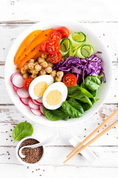 Buddha Bowl Salad Chickpeas Sweet Pepper Tomato Cucumber Red Cabbage — Stock Photo, Image