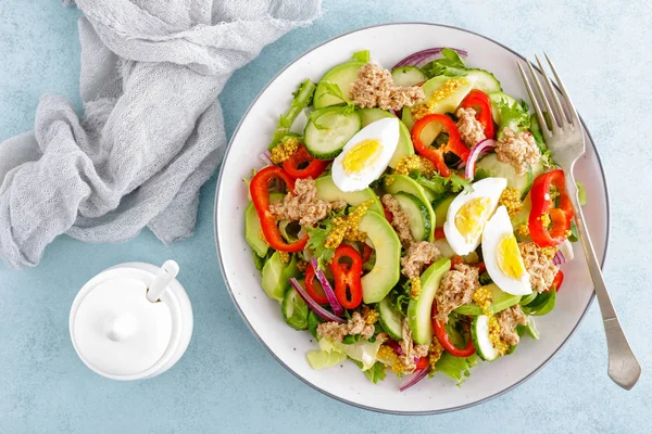 Tuna Salad Boiled Egg Fresh Vegetables Healthy Diet Food Greek — Stock Photo, Image