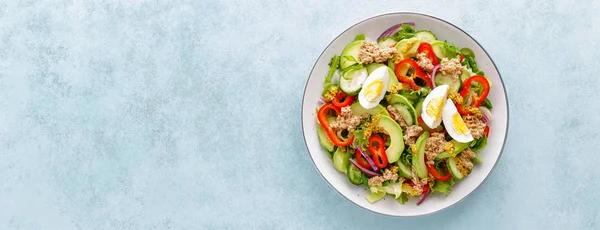 新鮮な野菜と玉子のツナサラダ 健康的なダイエット食品です ギリシャ料理 平面図です バナー — ストック写真
