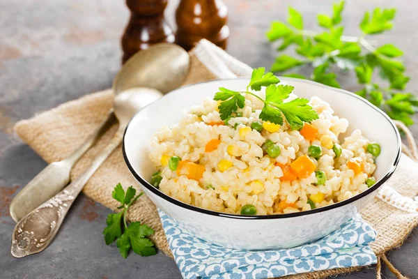 Bulgur Wheat Boiled Carrot Green Peas Corn Healthy Vegan Diet — Stock Photo, Image