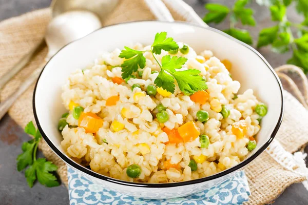 Bulgur Wheat Boiled Carrot Green Peas Corn Healthy Vegan Diet — Stock Photo, Image