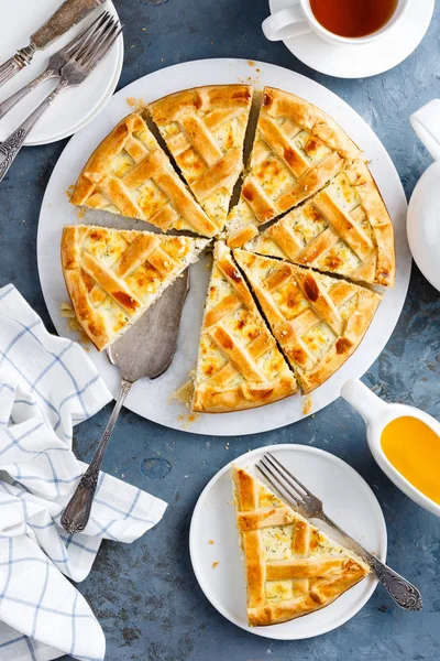 Pie Salted Soft Cheese Greens Top View — Stock Photo, Image