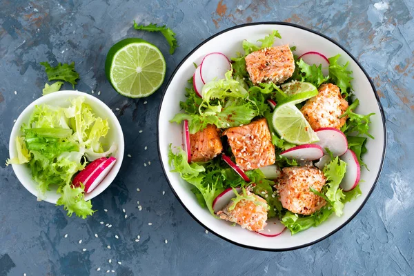 Здоровий Обід Салат Запеченою Рибою Лосося Свіжою Редькою Салатом Лаймом — стокове фото