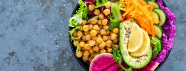 Salad Buddha bowl with fresh cucumber, avocado, watermelon radish, raw carrot, lettuce and chickpea for lunch. Healthy vegetarian food. Vegan vegetable dish. Top view. Banner clipart