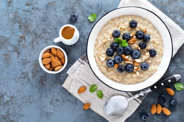 Farine Avoine Aux Myrtilles Crues Fraîches Aux Amandes Miel Pour — Photo