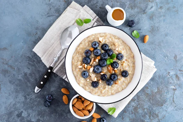 Farine Avoine Aux Myrtilles Crues Fraîches Aux Amandes Miel Pour — Photo