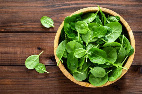 Hojas Frescas Espinaca Sobre Fondo Madera Comida Vegana Saludable Top —  Fotos de Stock