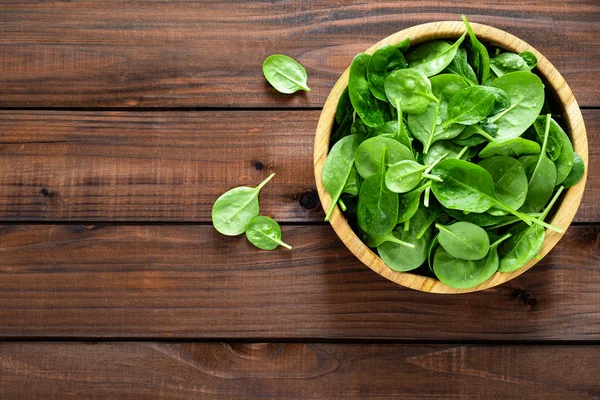 Foglie Spinaci Freschi Sfondo Legno Cibo Vegano Sano Top Vie — Foto Stock