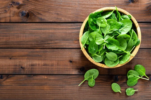 Foglie Spinaci Freschi Sfondo Legno Cibo Vegano Sano Top Vie — Foto Stock