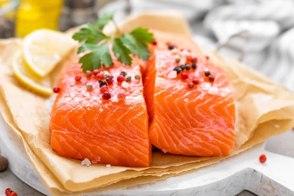 Fresh Raw Salmon Fish Fillet White Kitchen Background — Stock Photo, Image