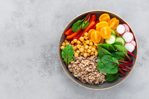 Vegetarian Buddha Bowl Boiled Buckwheat Chickpea Vegetables Top View — Stock Photo, Image