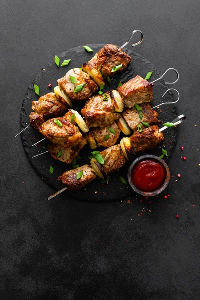 Grilled Meat Skewers Shish Kebab Black Background Top View — Stock Photo, Image