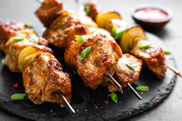 Grilled Meat Skewers Shish Kebab Black Background — Stock Photo, Image