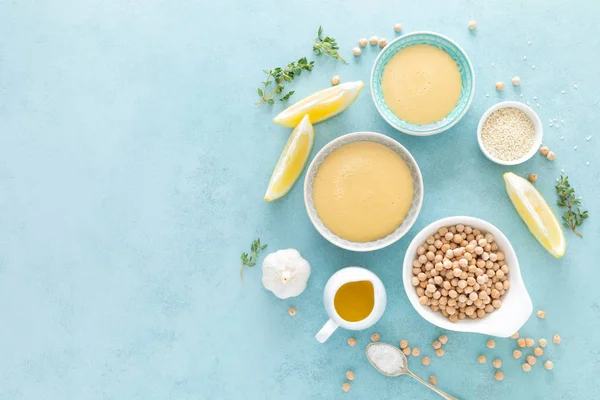 Kichererbsensoße Mit Frischem Zitronensaft Sesam Knoblauch Und Olivenöl — Stockfoto