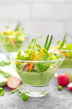 Havuç, marul, yeşil bezelye, turp, lahana ve salatalık smoothie ile taze vegan sebze salatası