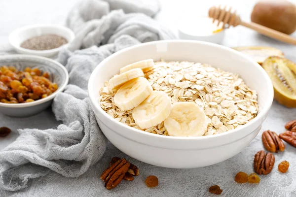Oat Flakes Fruits Nuts Honey Bowl — Stock Photo, Image