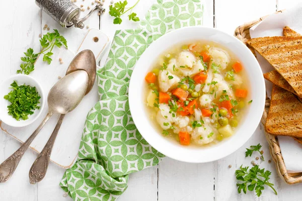 Sopa Legumes Com Couve Flor Cenoura Ervilhas Verdes Cebola Batata — Fotografia de Stock