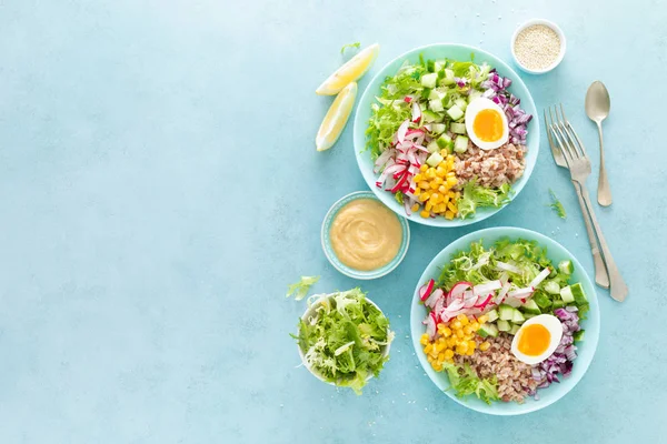 Buddha Bowl Boiled Egg Rice Vegetable Salad Fresh Lettuce Radish — Stock Photo, Image
