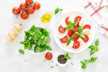 Beyaz tabakta taze İtalyan Caprese salatası, yukarıdan görünümü